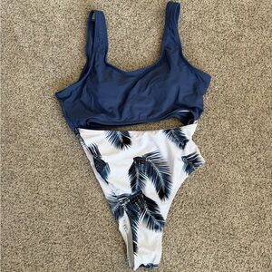 Blue and White Palm Leaf Swimsuit